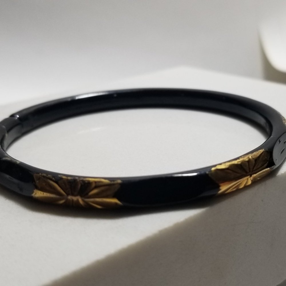 Antique Jet Glass Bracelet with Deco Gold Design